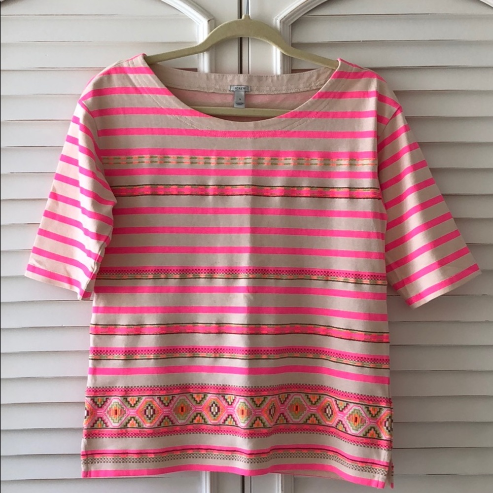 NWOT J.Crew Striped Embroidered Elbow Length Top